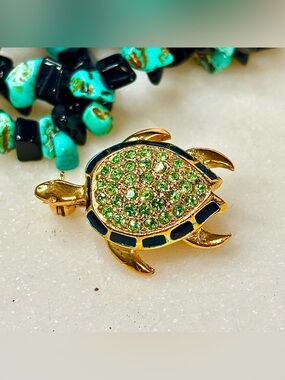 ROMAN Gold Sea Turtle Brooch with Green Crystal Shell and Black Enamel